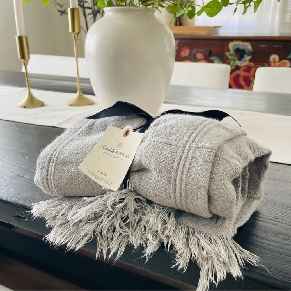 New Hearth & Hand Magnolia Light Gray Fringe Throw Blanket Linen Blend Cottage
